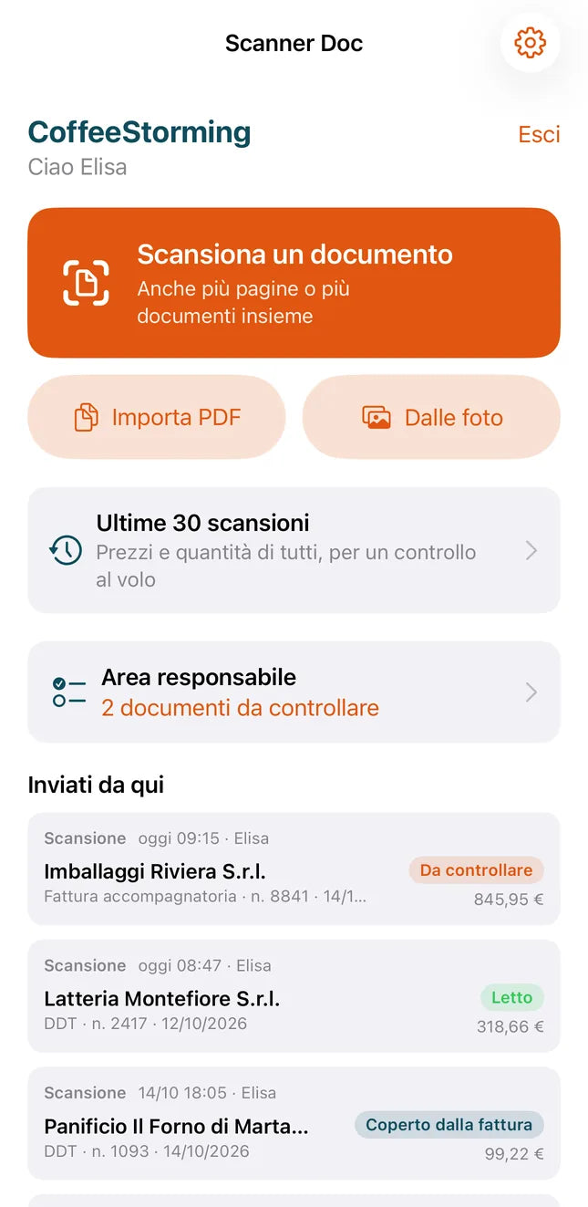 CMP Scanner on an iPhone: the Scan a document button and the latest documents read, one to check.