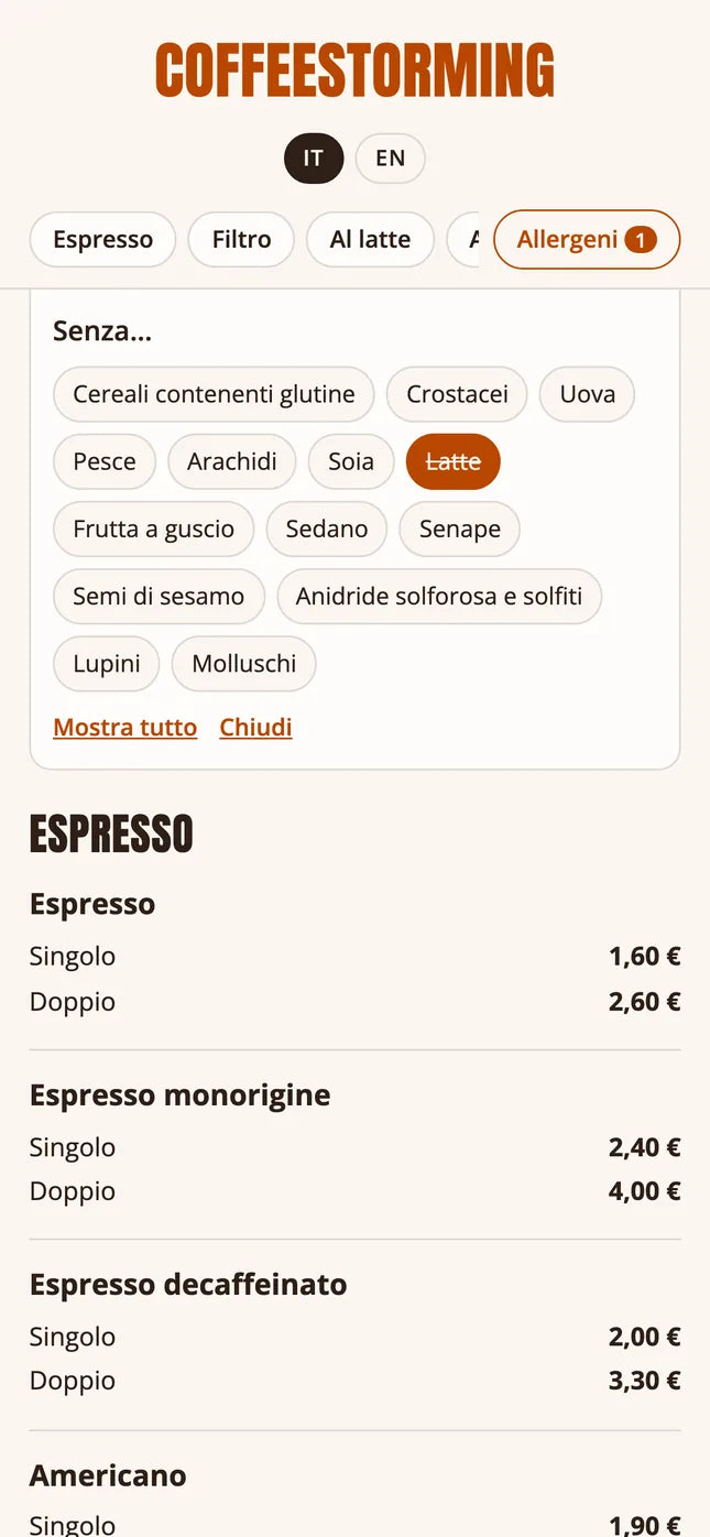Digital menu of CoffeeStorming on a phone: allergen filter open and espresso prices.
