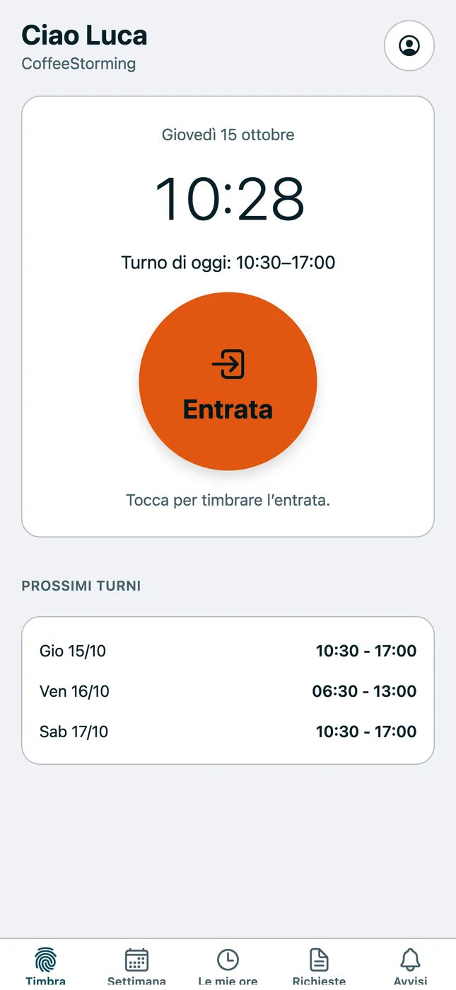 CMP Shift on a phone, Clock screen: Hi Luca, 10:28, the Clock in button and the next shifts.