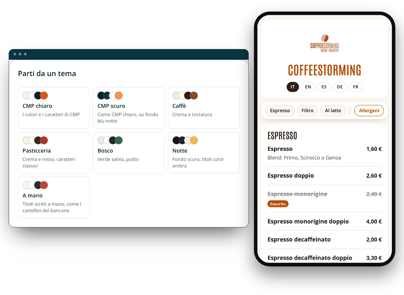 Theme choice in the CMP back office, seven ready-made themes, and the menu preview on a phone.
