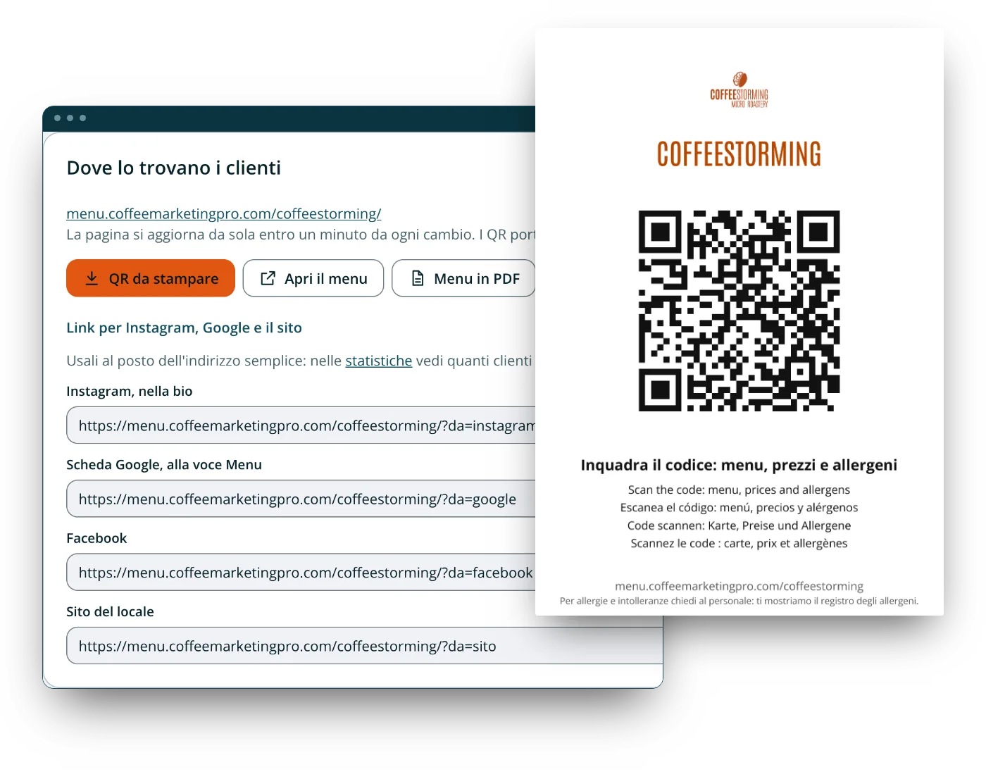 The menu's link and QR codes in the CMP back office and a table card with the QR code and the prompt in five languages.
