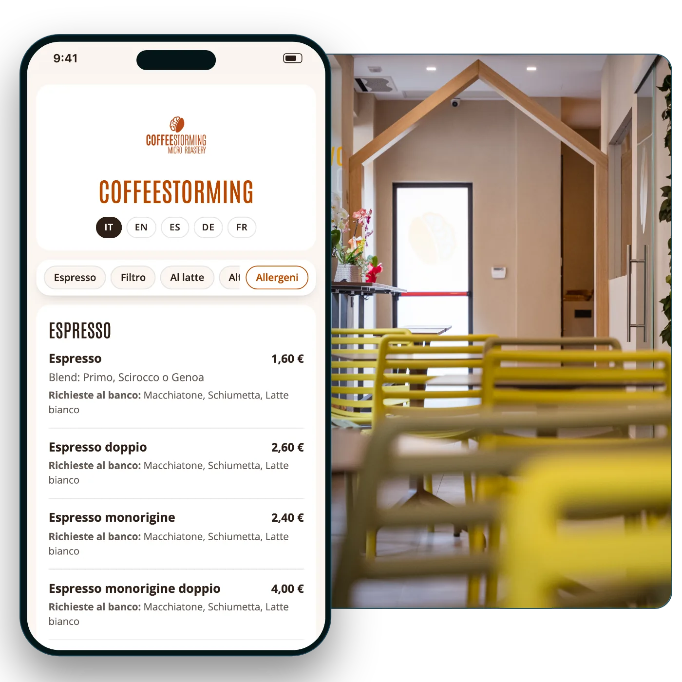 CoffeeStorming's online menu on a phone, next to a photo of the coffee shop's seating area.