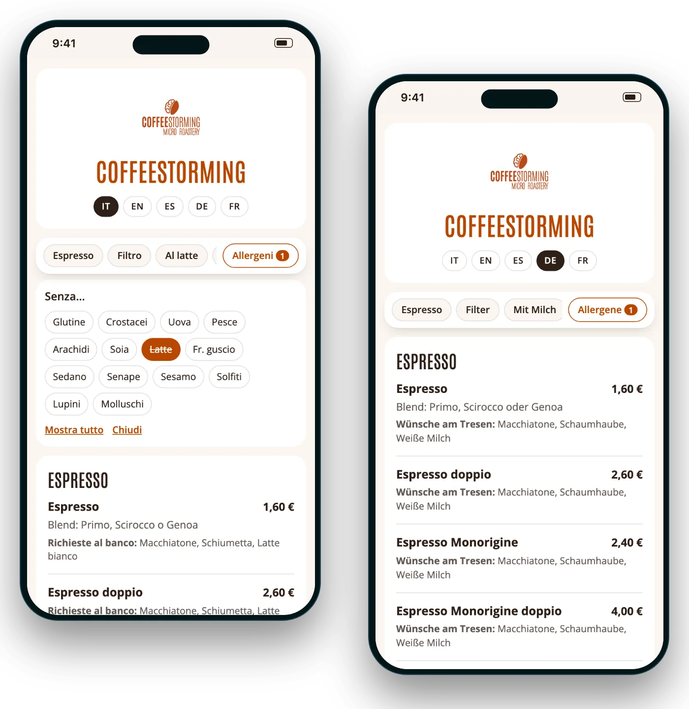 Two phones showing CoffeeStorming's menu: on the left the allergen filter with milk excluded, on the right the menu in German.