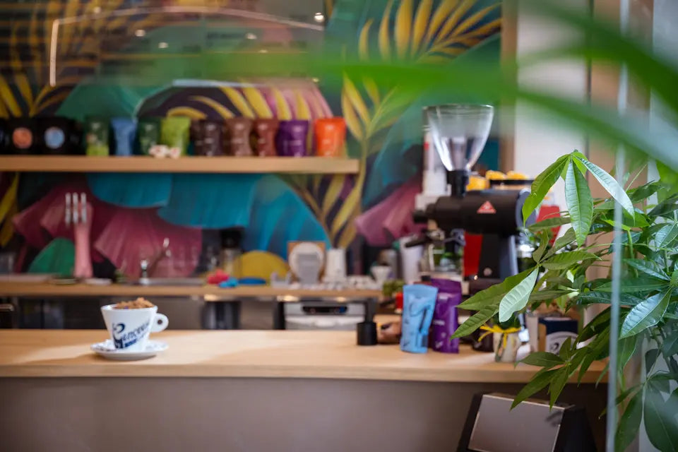 The back bar with the mural and the coffee grinder.