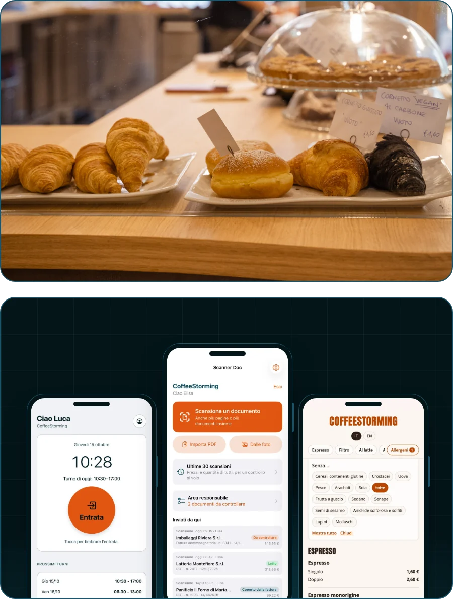 On the left, the counter with croissants and a filled doughnut under the glass dome; on the right, on a dark background, three phones showing CMP Shift, CMP Scanner and the Menu online allergen filter.