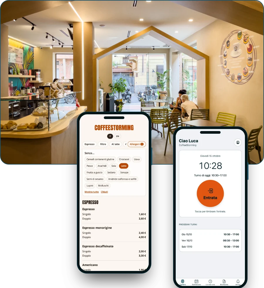 The CoffeeStorming coffee shop seen from the counter, with the pastry display and two customers seated at the tables; beside it, Menu online and CMP Shift on a phone.