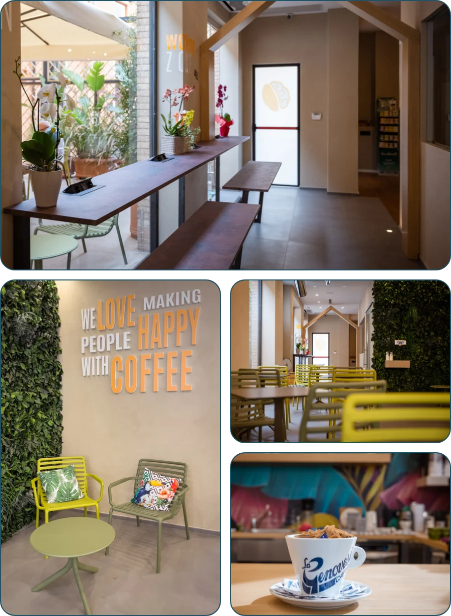 Five photos of the CoffeeStorming coffee shop: the wall with the sign «We love making people happy with coffee», the long table by the window, hands dosing ground coffee, the chairs in the dining area and a cup on the counter.