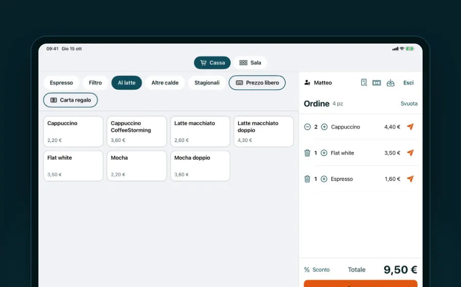 The POS system on an iPad with the counter products and the current order.