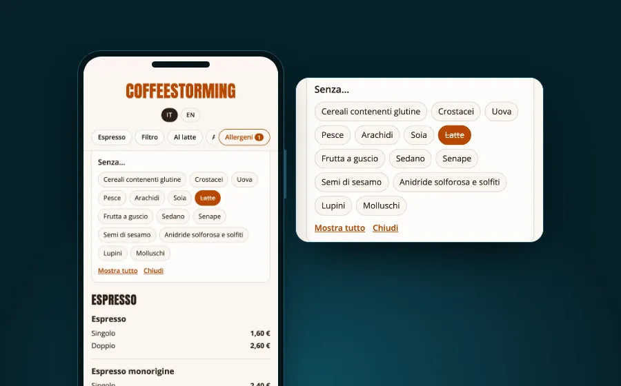 The CoffeeStorming digital menu on a phone, with the allergen filter open and an enlarged detail.
