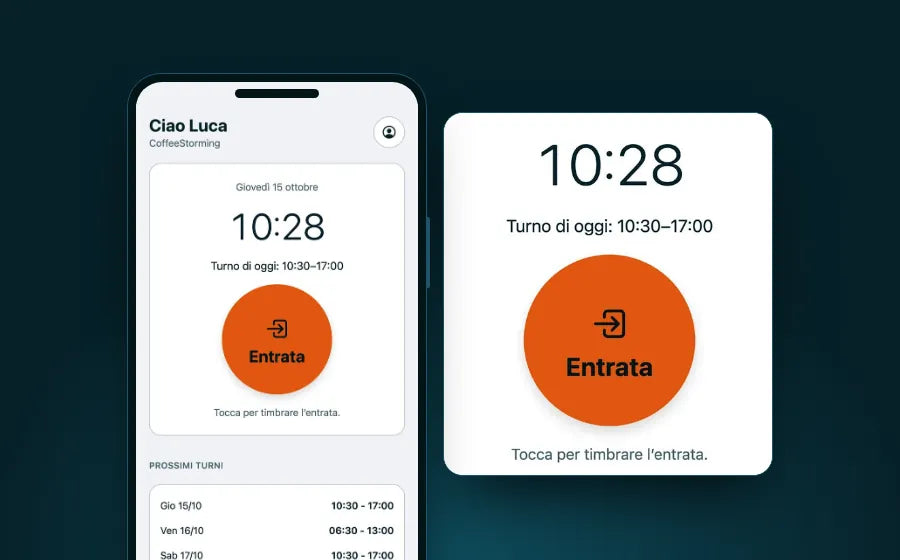 CMP Shift on a phone, clock-in screen with the time and the Clock in button, plus an enlarged detail.